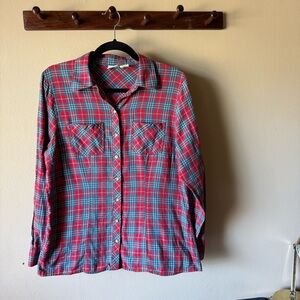 L.L. Bean Red and Blue Plaid Fitted Flannel Shirt